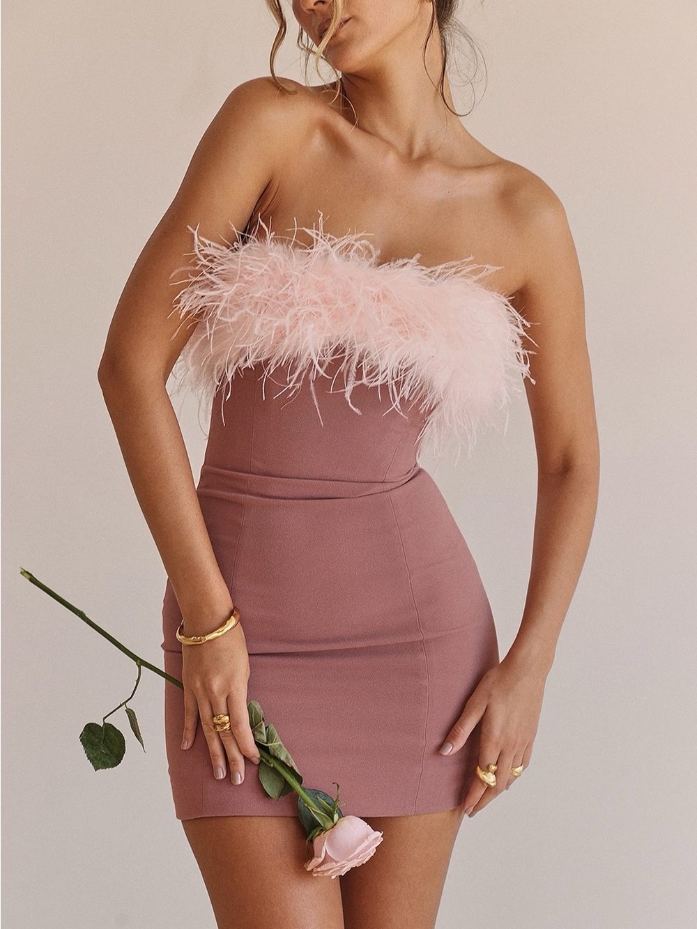 NWT House of CB Alexa Warm Pink Strapless Ostrich Feather Trim Mini Dress L